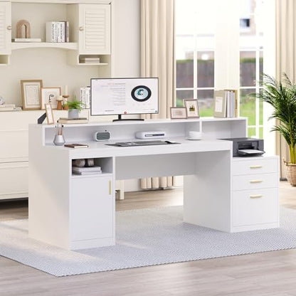 65" White Computer Desk with 3 Drawers & Printer Shelf for Home Office | White Desk with Printer Shelf & File Drawer, Executive Desk Writing Study Table with Monitor Stand, Storage Cabinet - color: White