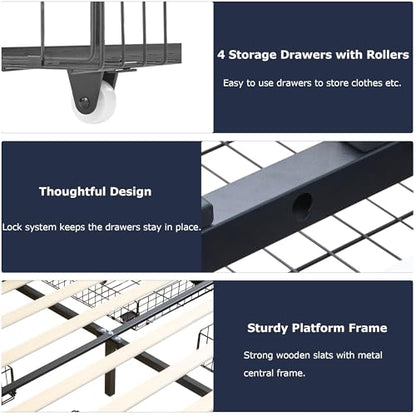 VECELO King Size Bed Frame with 4 Storage Drawers, Adjustable Height Headboard, Heavy-Duty Bedframe with Strong Wooden Slats, No Box Spring Needed, Black - color: Black, size: King, style: Bed Frame With Drawers