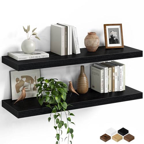 Fun Memories Floating Shelves for Wall, 30 Inch Set of 2 Rustic Wood Wall Shelves with Invisible Brackets, Heavy Duty Storage Display for Living Room Bedroom Kitchen, Black - color: Black, size: 30"W x 6.5"D, Set of 2