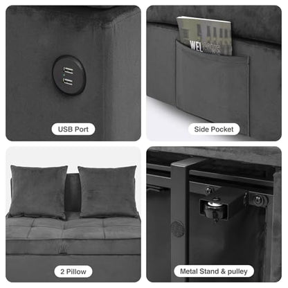 Convertible Sofa Bed 4-in-1 Pull Out Couch, Ottoman Bed Sleeper, Dark Grey | Velvet Love seat Couch Sleeper Chair Bed with USB Ports, 5 Adjustable Backrest and Pillow for Living Room Apartment Office - color: Grey