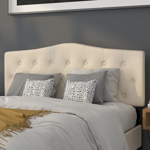 EMMA + OLIVER Beige Queen Tufted Headboard | Adjustable Bed Rail Slots, Fabric Upholstered - color: Beige, size: Queen