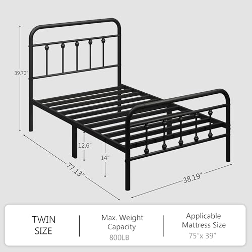 zunatu King Size Metal Bed Frame with Victorian Style Headboard and Footboard, Steel Slat Support Platform Bed, No Box Spring Needed, Under Bed Storage, Easy Assembly, Black - size: Twin