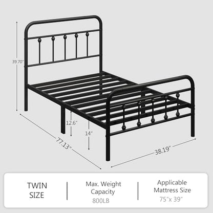 zunatu King Size Metal Bed Frame with Victorian Style Headboard and Footboard, Steel Slat Support Platform Bed, No Box Spring Needed, Under Bed Storage, Easy Assembly, Black - size: Twin