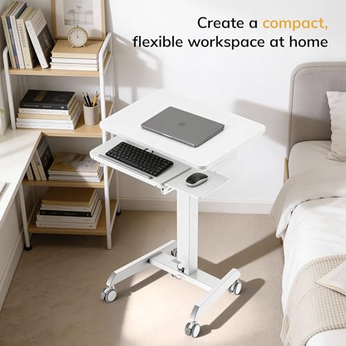 Mount-It! Height Adjustable Rolling Laptop Desk with Keyboard Tray, Mobile Sit-Stand Computer Cart with Wheels, Small Standing Desk for Home, Office, or Classroom, 23.6" x 20.5", White - color: White