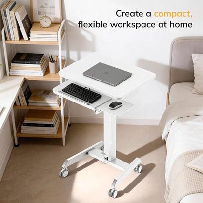 Mount-It! Height Adjustable Rolling Laptop Desk with Keyboard Tray, Mobile Sit-Stand Computer Cart with Wheels, Small Standing Desk for Home, Office, or Classroom, 23.6" x 20.5", White - color: White