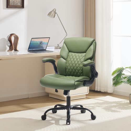 Leather Executive Office Chair - Comfy Green Desk Chair Small Space | Desk Chair with Mid Backrest,5 Wheels,Mid Backrest,Lumbar Support, Height Adjustable,home office reading Gaming Use - color: Green