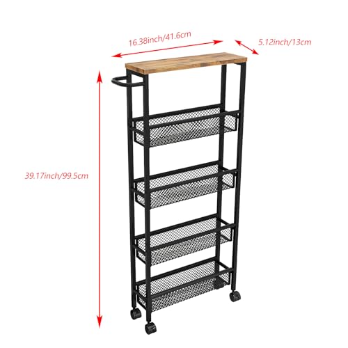 Slim Rolling Cart 5 Tier Narrow Storage Cart on Wheels with Handle | Lockable Wheels, Wood Top Panel, Metal Frame Utility Carts for Kitchen, Dining, Living, Home Office, Laundry Room - size: 16.38 x 5.12 x 39.17 inch