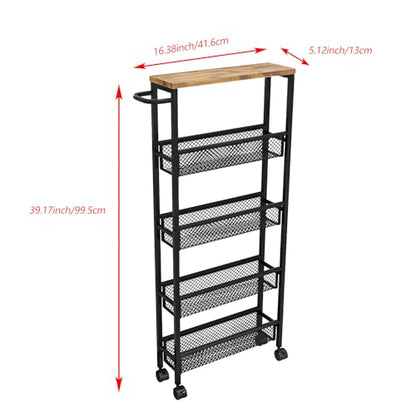 Slim Rolling Cart 5 Tier Narrow Storage Cart on Wheels with Handle | Lockable Wheels, Wood Top Panel, Metal Frame Utility Carts for Kitchen, Dining, Living, Home Office, Laundry Room - size: 16.38 x 5.12 x 39.17 inch