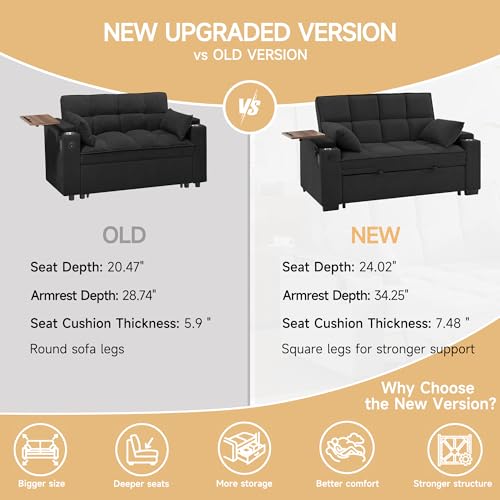 66" Multi-Functional Pull-Out Sofa Bed with Hidden Side Table, Storage Armrests, Built-in Charging Port, Spring Mattress, Solid Wood Frame – Ideal for Small Spaces, Easy Assembly - color: 1007-black