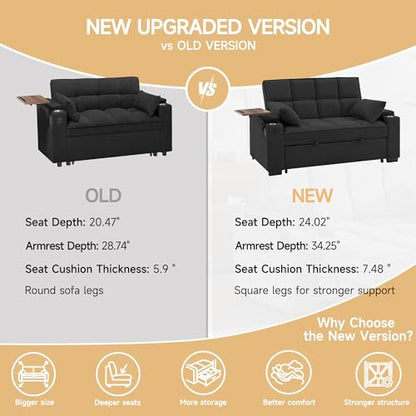 66" Multi-Functional Pull-Out Sofa Bed with Hidden Side Table, Storage Armrests, Built-in Charging Port, Spring Mattress, Solid Wood Frame – Ideal for Small Spaces, Easy Assembly - color: 1007-black
