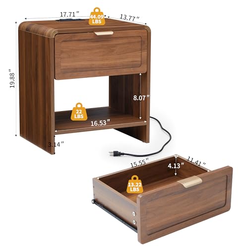 LEVNARY Compact Nightstand Set of 2, Mid-Century Modern Bedside Table with Charging Station and Curved Top Corners, Wooden Small End Table for Farmhouse Bedroom Living Room (2, Walnut) - color: Walnut–solid Drawer Front, size: 2-Pack