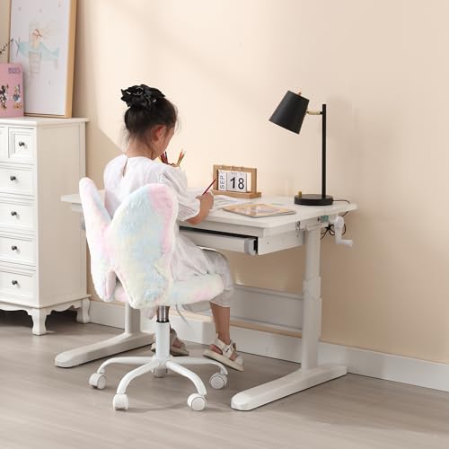 chairus Kids Desk Chair Butterfly Faux Fur Study Chair for Teenage Girls Adjustable Kids Vanity Chair for Bedroom Reading Living Room, Small Cute Student Task Chair with White Foot, Macaron - color: Butterfly, Macaron