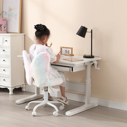 chairus Kids Desk Chair Butterfly Faux Fur Study Chair for Teenage Girls Adjustable Kids Vanity Chair for Bedroom Reading Living Room, Small Cute Student Task Chair with White Foot, Macaron - color: Butterfly, Macaron