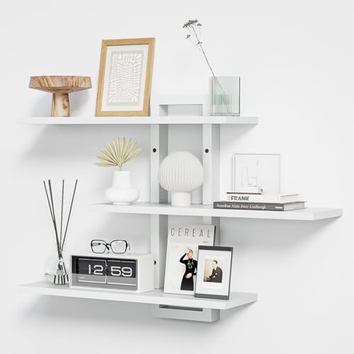 Floating Shelves, Set of 3 Wooden Hanging Shelves, White | Bedroom Bathroom Wall Storage, Decorative Wall Display Shelf for Plants Books Pictures - color: White
