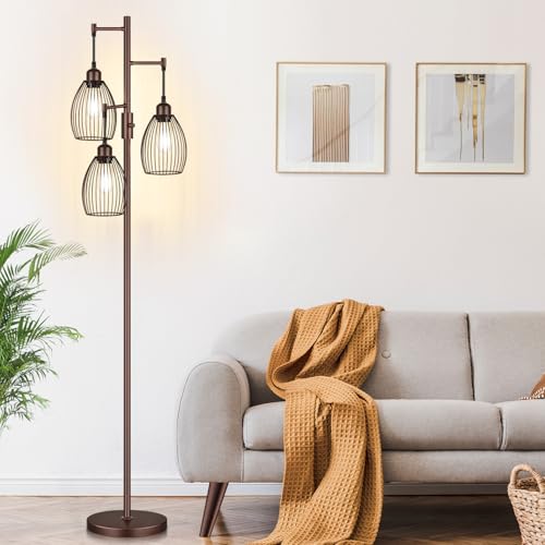 Torondo Dimmable Farmhouse Industrial Floor Lamp, Matte Brown Tree Standing Tall Lamps with 3 Elegant Teardrop Cage Head & 800 Lumens LED Edison Bulbs for Living Room Bedroom Office Dining Room - color: Matte Brown-70 inches