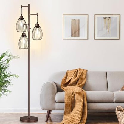 Torondo Dimmable Farmhouse Industrial Floor Lamp, Matte Brown Tree Standing Tall Lamps with 3 Elegant Teardrop Cage Head & 800 Lumens LED Edison Bulbs for Living Room Bedroom Office Dining Room - color: Matte Brown-70 inches