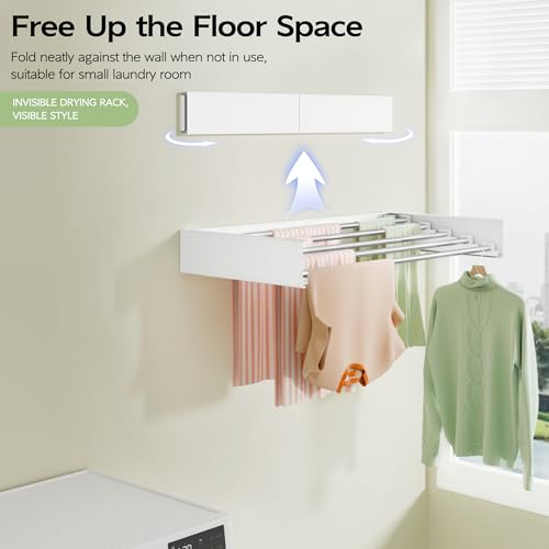 Vikaqi Wall Mounted Clothes Drying Rack 32", Foldable Wall Laundry Rack | Collapsible Drying Rack Clothing Folding Indoor, Hidden Space Saver with Wall Template, 5 Rods, White - color: White, size: 32" Wide