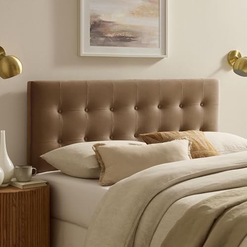 Modway Emily Full Size Performance Velvet Headboard in Taupe - Stain-Resistant Velvet Upholstery with Button Tufting and 7 Adjustable Height Positions - color: Taupe, size: Full