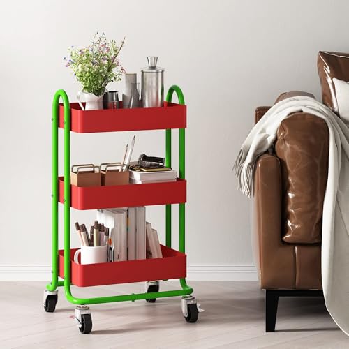 Metal Rolling Cart,3-Tier Metal Rolling Cart with Wheels,3 Tier Utility Cart with Wheels for Office,Home,Kitchen,Garden（13.4"x18.1"x31"） Red+Green - color: Red+green, size: 31"H