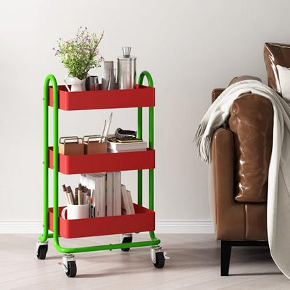 Metal Rolling Cart,3-Tier Metal Rolling Cart with Wheels,3 Tier Utility Cart with Wheels for Office,Home,Kitchen,Garden（13.4"x18.1"x31"） Red+Green - color: Red+green, size: 31"H