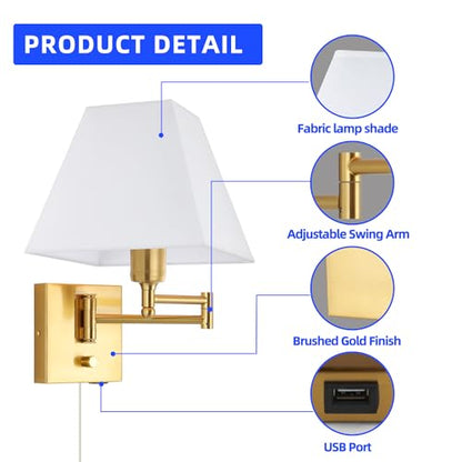 Wall Mounted Lamp Plug in Wall Sconce with Dimmable Switch Swing Arm Wall Lamp Whire Fabric Shade with USB Port Gold Wall Sconce Suitable for Hallway Bedroom Living Room… - color: Gold