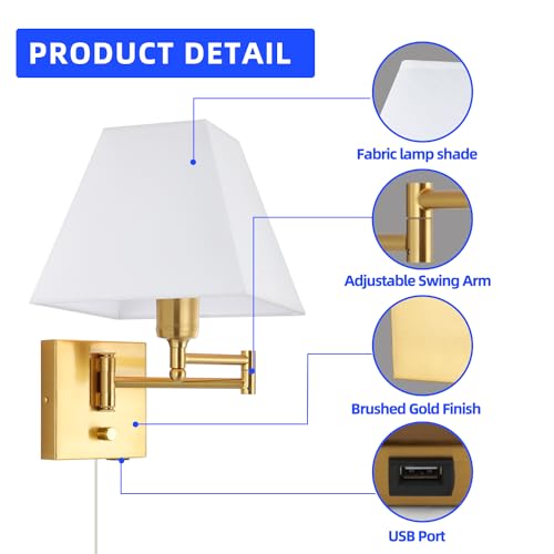 Wall Mounted Lamp Plug in Wall Sconce with Dimmable Switch Swing Arm Wall Lamp Whire Fabric Shade with USB Port Gold Wall Sconce Suitable for Hallway Bedroom Living Room… - color: Gold