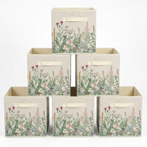 6 Pcs Wild Floral Cube Storage Bins 12.5 Inch Flower Storage Basket with Handle, Beige Collapsible Fabric Box for Classroom Bedrooms Office Home Decoration - color: Wild flowers