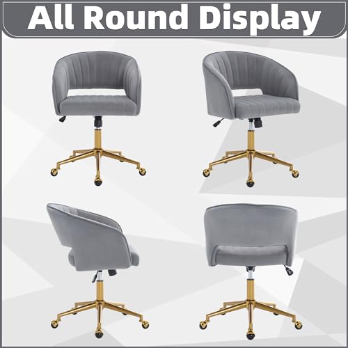 Desk Chair with Wheels, Gold Base, Velvet Accent Vanity Armchair, Grey | Spacious‌ Soft Seat, Swivel Height Adjustable, Rocking Function, Modern Stripe for Girls &Women Bedroom Makeup or Nail - color: Grey Velvet
