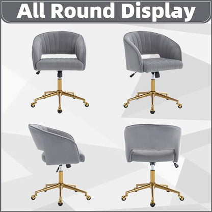 Desk Chair with Wheels, Gold Base, Velvet Accent Vanity Armchair, Grey | Spacious‌ Soft Seat, Swivel Height Adjustable, Rocking Function, Modern Stripe for Girls &Women Bedroom Makeup or Nail - color: Grey Velvet
