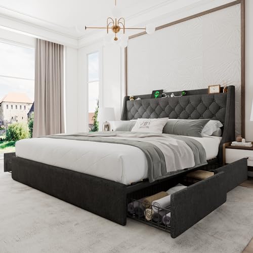 Einhomn Upholstered King Size Bed Frame with 4 Storage Drawers, Platform Bed Frame with Wingback Headboard, Charging Station, No Box Spring Needed, Dark Grey - color: Dark Gray, size: King
