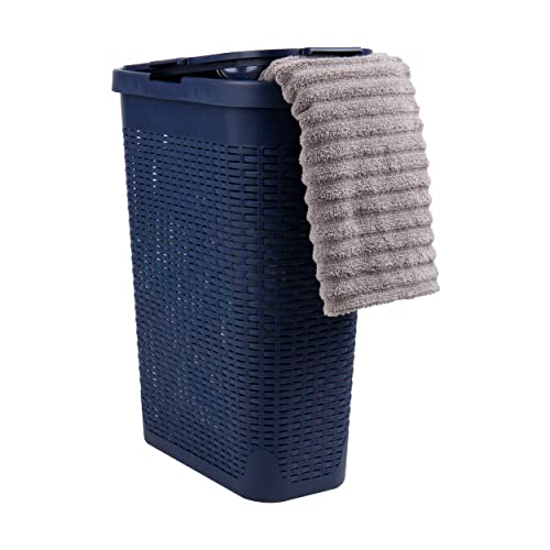Mind Reader Slim Laundry Hamper with Lid, 40L Clothes Basket, Narrow Tapered Design with Ventilated Cutout Pattern, Plastic, Navy - color: Navy, size: Single