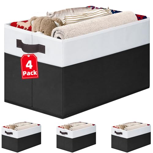 Large Storage Bins for Shelves 4 Pack, Closet Storage Baskets for Clothes Blanket Beddings Towels, Collapsible Fabric Closet Organizer Bins with Handles/ Laundry Room Organization - color: White with Black, size: 4pcs - Rectangular 14"x10"x9.5"