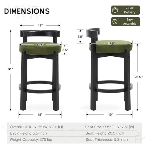 HEAH-YO Mid Century Modern Bar Stools Set of 4, 26.5" Counter Stools with Low Back, Velvet Upholstered Barstools with Black Wood Legs Bar Chairs for Kitchen Island Dining Room, Green - color: 26.5" Green Velvet Black Wood, size: Counter Height - Set of 4