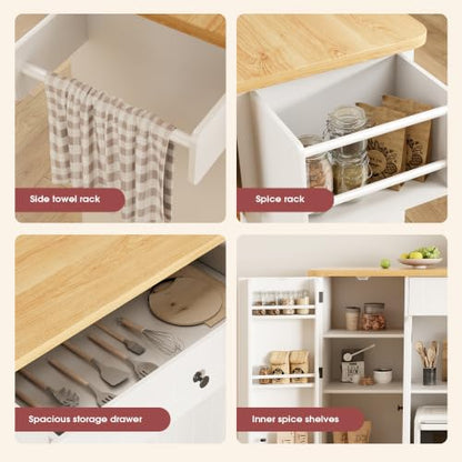 GRUSIGN Kitchen Island with Storage, 41.7" Rolling Cart with Drop Leaf, Portable Island Table on Wheels, Spice Rack, Towel Rack and Drawer, White, 41.7" L x 29.5" W