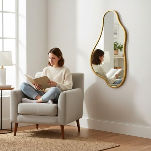 32x18 Inch Irregular Wall Mirror, Vertical Wavy Design, Gold Asymmetrical Metal Frame Decorative Mirror for Living Room, Bedroom, Entryway, Hallway (Gold Metal,32" x 18") - color: Gold Metal, size: 31.9"L x 18.1"W