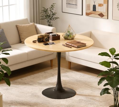 Small Round Dining Table 32" Tulip Table with Metal Pedestal, Wood | Tulip Table with Metal Pedestal & Thick MDF Top, Mid Century Small Bistro Table for Kitchen & Living Room - color: Natural Wood-b, size: 31.5"D x 31.5"W x 29.1"H
