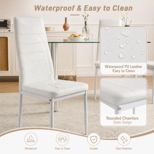 Karl home White Dining Chairs Set of 6, PU Leather & High Back | Kitchen chairs with padded seats & foot cap protection for dining kitchen living room,300lbs capacity,space-saving - color: White, size: Set of 6