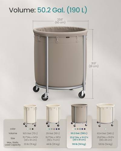 SONGMICS Laundry Basket, Rolling Steel Frame with 2 Locking Wheels, 190 L | Heavy-Duty Laundry Hamper Cart with Removable Bag, Camel Brown and Metallic Silver, URLS001N01 - color: Camel Brown + Metallic Silver, size: 190 L (1-Section)
