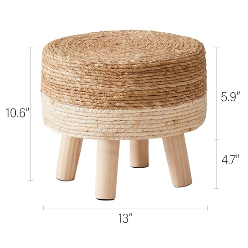 Cpintltr Foot Stool Natural Seagrass Hand Weave Poufs Round Ottoman for Couch Desk Soft Step Stool Padded Foot Rest with Non-Skid Pine Legs for Hallway Office Lounge Natural/White - color: White