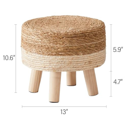 Cpintltr Foot Stool Natural Seagrass Hand Weave Poufs Round Ottoman for Couch Desk Soft Step Stool Padded Foot Rest with Non-Skid Pine Legs for Hallway Office Lounge Natural/White - color: White