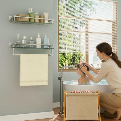 Alise Bathroom Shelf with Towel Bar, 20 Inch Brushed Nickel Glass Shelf | Floating Glass Shelves for Bathroom Wall, Tempered Glass, SUS304 Stainless Steel - color: Brushed Nickel, size: 20 In