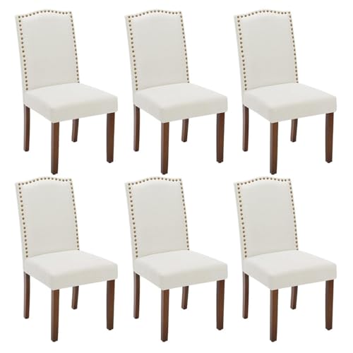 Kitchen Chairs Set of 6 Modern Upholstered Fabric Seat with Nailhead Trim and Ergonomic Lumbar Support for Living Room and Rustic Farmhouse Dining Area, Beige - color: Ivory, style: set of 6