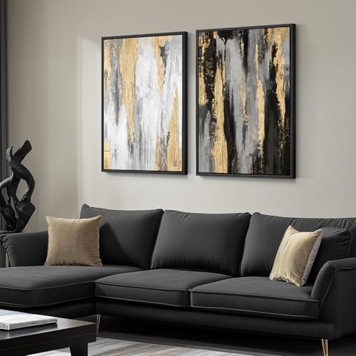 Large Framed Elegant Black White Gold Wall Art for Living Room, 24x36 In | 2 Piece, Large size paintings, Canvas prints, Black gold pictures, Modern minimalist artwork for walls, Bedroom Wall Decor - color: Gilded, size: 24" W x 36" H x 2Pcs