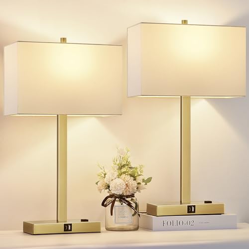 21" Touch Bedside lamps with 2 USB & AC Outlets, 3-Way Dimmable Bedside Table Lamps Set of 2 for Bedroom Living Room Office Reading, White Shade Lamps for Night Stands, 2700K LED Bulbs Included - color: (2 Pack)White Cream Linen & Brushed Gold (Base)-2700