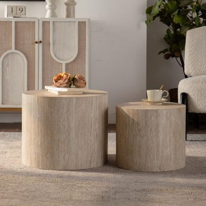 18.9" Nesting Coffee Table Set of 2, Modern Round Coffee Tables Circle Center Table for Living Room Apartment Small Space, Accent End Table Set, No Assembly (Amber) - color: 18.9" White Wood Grain