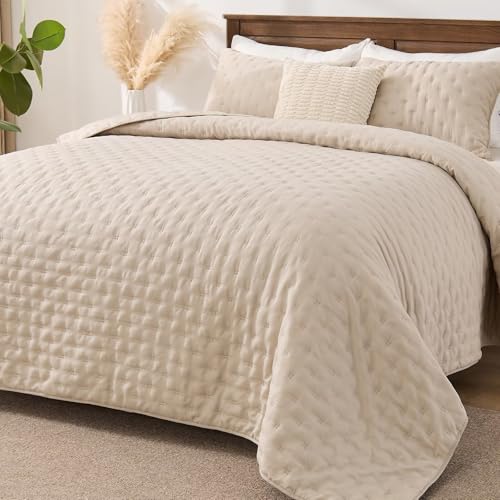 EMME Quilts Twin Size Bedding Sets, Beige Bedspread Soft Lightweight Pre-Washed Quilt, 2 Piece Cozy Reversible Microfiber Ultrasonic Coverlet with Pillow Sham (Leaf Pattern,66"x90") - color: 05-beige (Leaf), size: Twin/Twin XL(66" x 90")