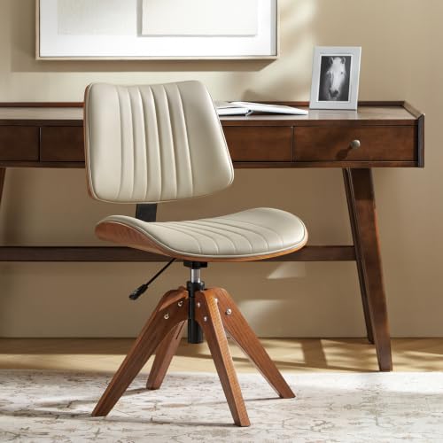 HULALA Home Faux Leather Home Office Desk Chair No Wheels, Ivory | Mid-Century Modern Desk Chair with Wood Legs, 360° Swivel Computer Task Chair with Channel-Tufted Backrest, Height Adjustable - color: Ivory