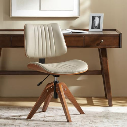 HULALA Home Faux Leather Home Office Desk Chair No Wheels, Ivory | Mid-Century Modern Desk Chair with Wood Legs, 360° Swivel Computer Task Chair with Channel-Tufted Backrest, Height Adjustable - color: Ivory