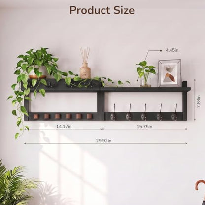 Wooden Key Holder Wall Mount with Shelf, Wall Key Rack and Mail Holder with 9 Key Hooks and 6 Sunglasses Holders, Farmhouse Key Hanger for Entryway Living Room Bedroom, Black - color: Black