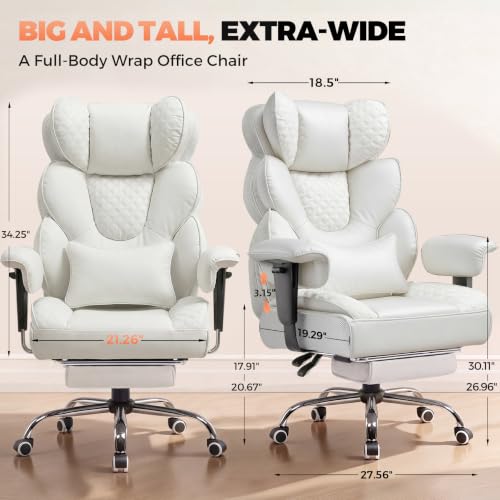 COMHOMA Big and Tall Office Chair with Upgrade Footrest, Heavy Duty Gaming Chair High Back Executive Chair with Spring Lumbar Support for Lower Back Pain Relief, 150°Reclining Adjustable Armrests - color: White